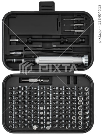 Tools for electronics repair in a compact folding case, on a white background with a border Tools for electronics repair in a compact folding case, on a white background with a border 138404518