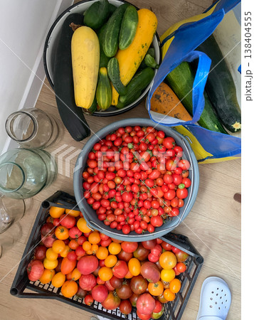 Fresh produce from the garden includes various types of tomatoes, cucumbers, and squash. The items are collected and displayed in containers ready for use in meals Fresh produce from the garden includes various types of tomatoes, cucumbers, and squash. The items are collected and displayed in containers ready for use in meals 138404555