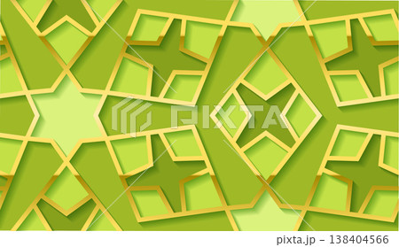 Green and gold islamic geometric star pattern background with 3d layered arabesque shapes 138404566