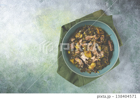 chakapuli, Georgian dish, stewed meat with herbs and tkemali, in white wine, homemade, no people, 138404571
