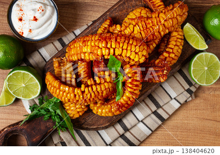 corn ribs, with cream sauce , spices and lime, appetizer, homemade, no people, corn ribs, with cream sauce , spices and lime, appetizer, homemade, no people, 138404620