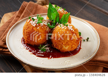Crispy Arancini appetizer, with parmesan cheese and microgreens, plate, tomato sauce, homemade, no people, Crispy Arancini appetizer, with parmesan cheese and microgreens, plate, tomato sauce, homemade, no people, 138404626