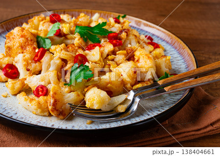 spicy fried cauliflower served on a wooden countertop, 138404661