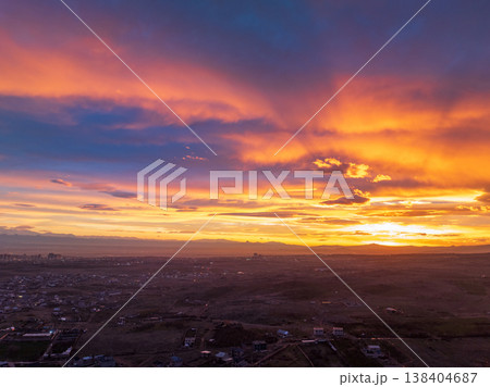 Aerial view of city at sunset, colorful sky, urban landscape, travel photography Aerial view of city at sunset, colorful sky, urban landscape, travel photography 138404687