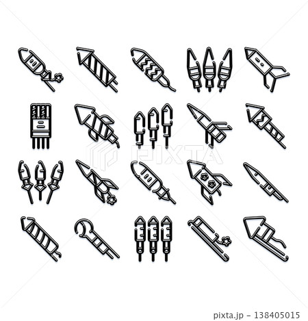 Firework rocket celebration festival pyrotechnics line icons set Firework rocket celebration festival pyrotechnics line icons set 138405015