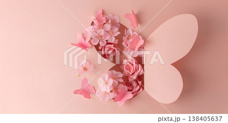 Paper Butterfly Cut Out with Flowers on Pink Background Paper Butterfly Cut Out with Flowers on Pink Background 138405637