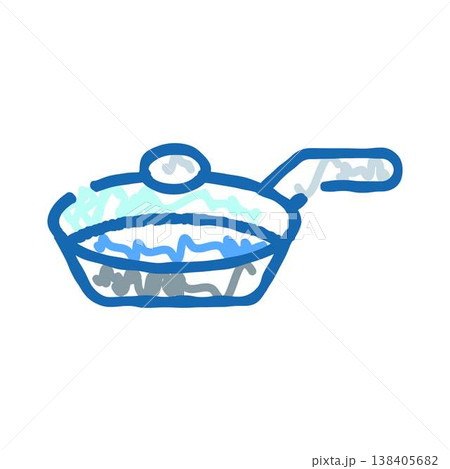 Blue outline frying pan icon with swirling liquid 138405682