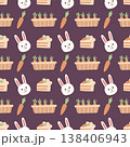 Easter pattern vector flat hand drawn style seamless background bunny carrot and cake ornament textile and wrapping paper design 138406943