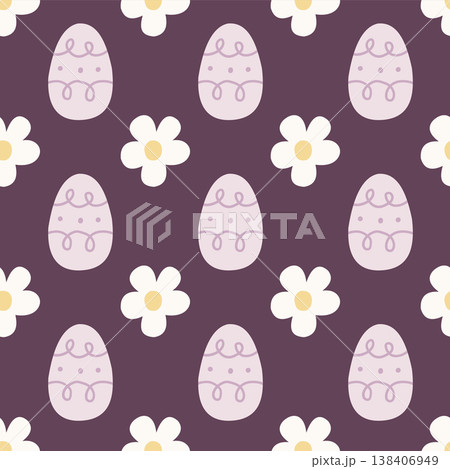 Seamless easter egg pattern with simple daisy flowers in pastel colors. Perfect for textile, wrapping paper, and surface design. Cute modern spring background. 138406949