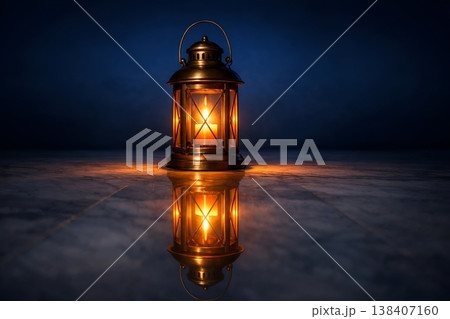 Brass Lantern with Candlelight Reflection on Polished Marble Floor Minimal Night Background Brass Lantern with Candlelight Reflection on Polished Marble Floor Minimal Night Background 138407160