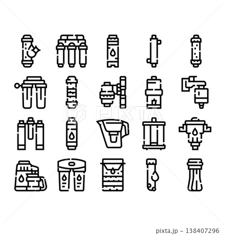 Water filtration systems and purification process icons set 138407296