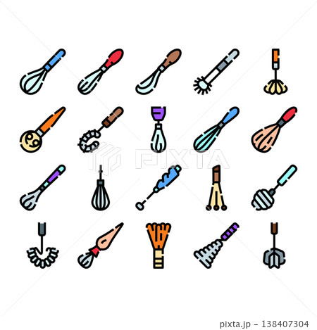 Collection of kitchen whisks and mixing utensils seamless pattern 138407304
