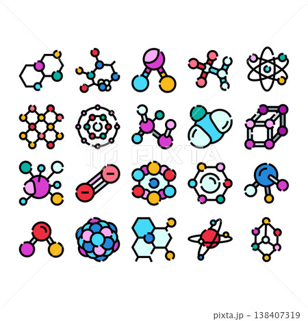 Chemistry and scientific molecules structure icon collection Chemistry and scientific molecules structure icon collection 138407319