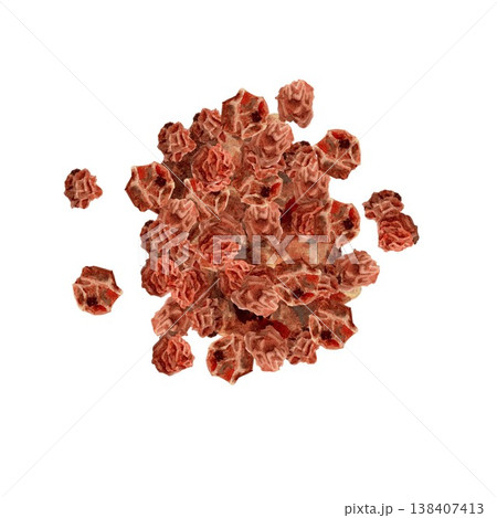 A composition with a bunch of dried red hawthorn or rowan berries. Hand-drawn watercolor drawing on an isolated background. Simple clip art of healthy fruits for product design. 138407413