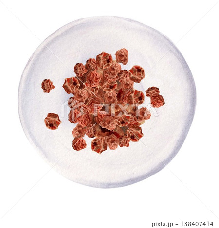 A composition with a bunch of dried red hawthorn or rowan berries on a white saucer. Hand-drawn watercolor drawing on an isolated background. Simple clip art of healthy fruits for product design. 138407414