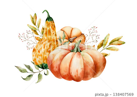 Watercolor arrangement with pumpkin painted in orange tones. Hand-drawn maple, oak leaf, halloween autumn vegetable perfect for harvest and thanksgiving themes. Isolated botanical illustration for 138407569