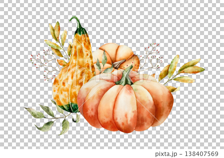 Watercolor arrangement with pumpkin painted in orange tones. Hand-drawn maple, oak leaf, halloween autumn vegetable perfect for harvest and thanksgiving themes. Isolated botanical illustration for 138407569