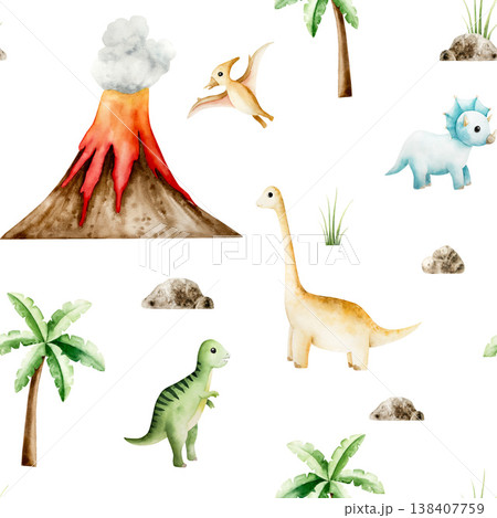 Seamless pattern with dinosaurs, volcano eruption, palm tree, sun and clouds. Watercolor hand drawn prehistoric triceratops, diplodocus, Spinosaurus, Brachiosaurus animal. Isolated illustration on 138407759