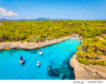 High angle aerial drone view of a scenic Mediterranean bay in Mallorca, Spain. 138407847