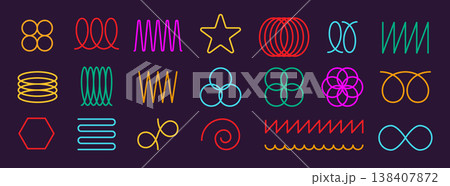 Neon spring coil shapes set. Curve line collection. Zigzag wave lines. Abstract flexible coil, loop line, thin spiral. Modern design element. Vector illustration isolated on dark background 138407872