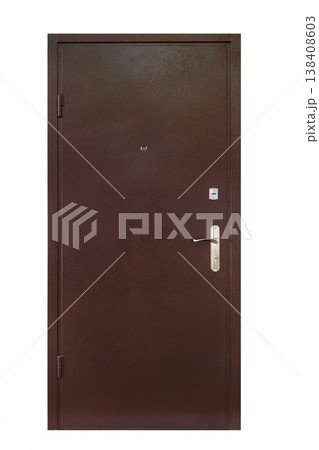 Closed security door isolated at white background. Image of a closed metal door. Entrance to apartment. Brown metal, steel front door with lock and handle. Modern Door design. Closed security door isolated at white background. Image of a closed metal door. Entrance to apartment. Brown metal, steel front door with lock and handle. Modern Door design. 138408603
