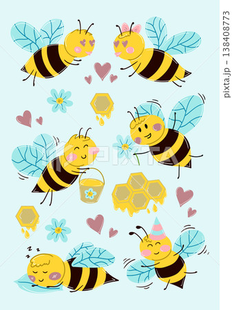 Cute cartoon bees set with funny emotions 138408773