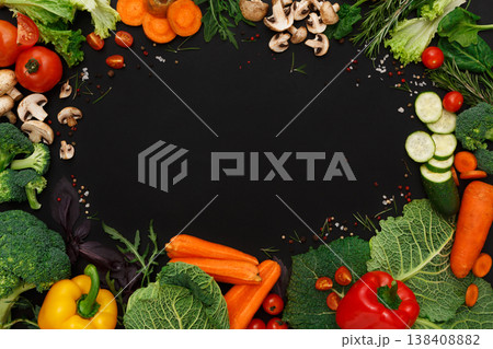 Healthy vegetarian food background. Frame of fresh organic vegetables on black. Healthy vegetarian food background. Frame of fresh organic vegetables on black. 138408882