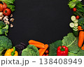 Healthy vegetarian food background. Frame of fresh organic vegetables on black, copy space 138408949