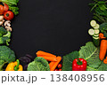 Healthy vegetarian food background. Frame of fresh organic vegetables on black, copy space 138408956