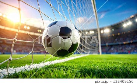 サッカーボールがゴールネットに当たる瞬間の躍動シーン 138409150