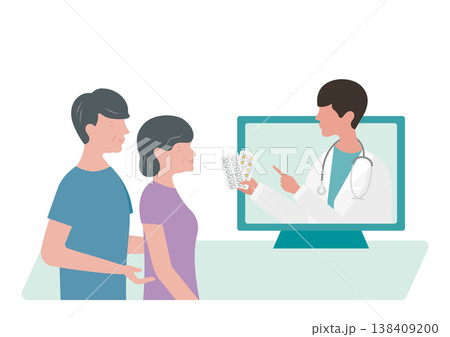 オンライン診療で高齢夫婦に薬の説明をする医師のベクターイラスト素材 オンライン診療で高齢夫婦に薬の説明をする医師のベクターイラスト素材 138409200