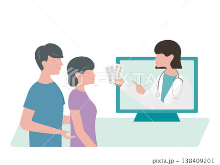 オンライン診療で高齢夫婦に薬の説明をする女医のベクターイラスト素材 オンライン診療で高齢夫婦に薬の説明をする女医のベクターイラスト素材 138409201