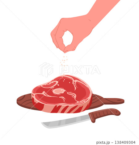 Beef steak seasoning. Hand salting meat steak, delicious red meat product, meat steak salting process flat vector illustration. Cartoon meat slice cooking on white background 138409304