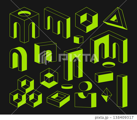 Isometric geometric shapes. Abstract game blocks, puzzle or logic game elements, constructor details 3d vector illustration set. Colorful surreal shapes Isometric geometric shapes. Abstract game blocks, puzzle or logic game elements, constructor details 3d vector illustration set. Colorful surreal shapes 138409317