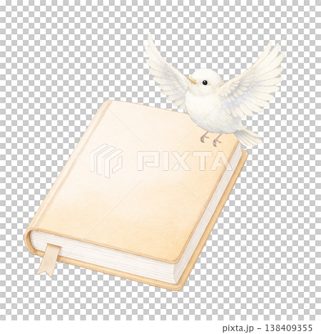 一本米色的書和一隻白色的小鳥：水彩插畫。自然柔和的學習材料，採用可愛的手繪風格設計。 138409355