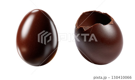 Easter collection with whole chocolate egg and broken chocolate egg shell arranged as festive sweet set 138410066