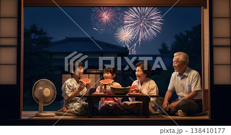 夏の夜に田舎の家で祖父母と一緒にスイカを楽しむ家族の団らん風景（AI生成） 138410177