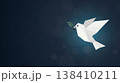 Origami white peace dove with olive branch on soft bokeh deep blue background have blank space. 138410211