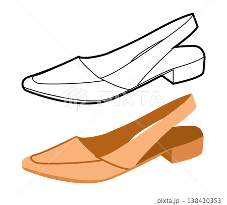Beige slingback flat shoe women flat plus line set. Block heel pointed toe footwear for branding social media project. Beige slingback flat shoe women flat plus line set. Block heel pointed toe footwear for branding social media project. 138410353