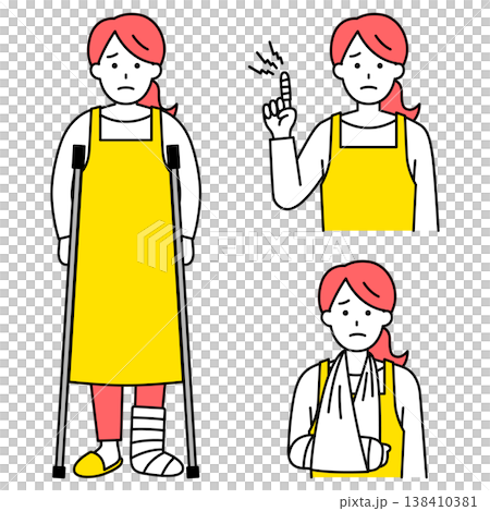 A set of a woman in an apron with injuries to her fingers, arms, and legs. 138410381