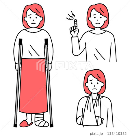 指・腕・足の怪我をしている若い女性のセット 指・腕・足の怪我をしている若い女性のセット 138410383