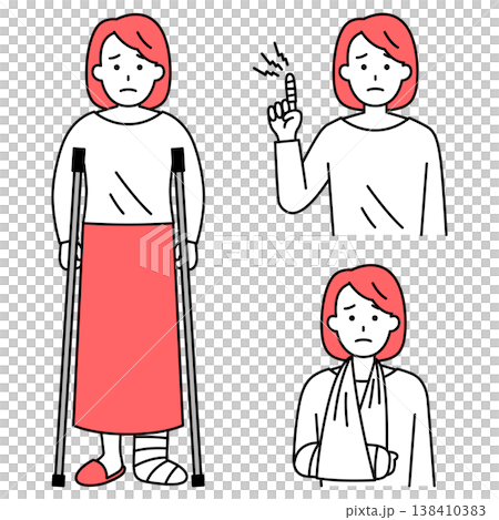 指・腕・足の怪我をしている若い女性のセット 指・腕・足の怪我をしている若い女性のセット 138410383