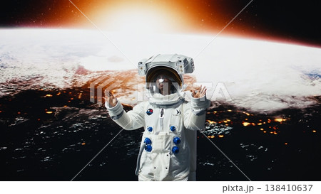 Happy orbital station astronaut delighted by beauty of planet in space. Jolly woman looking in awe at galaxy celestial bodies during planetary exploration research mission, 360 degrees, camera A Happy orbital station astronaut delighted by beauty of planet in space. Jolly woman looking in awe at galaxy celestial bodies during planetary exploration research mission, 360 degrees, camera A 138410637