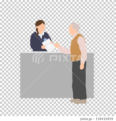 Medical illustration depicting an elderly person receiving medication and receiving an explanation at the reception desk. 138410939