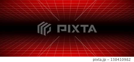 Red glow neon wireframe background. Dark red shining checkered grid floor plane in perspective. Bright retro futuristic horizon wallpaper. Arcade game sci fi matrix landscape surface. Vector backdrop Red glow neon wireframe background. Dark red shining checkered grid floor plane in perspective. Bright retro futuristic horizon wallpaper. Arcade game sci fi matrix landscape surface. Vector backdrop 138410982