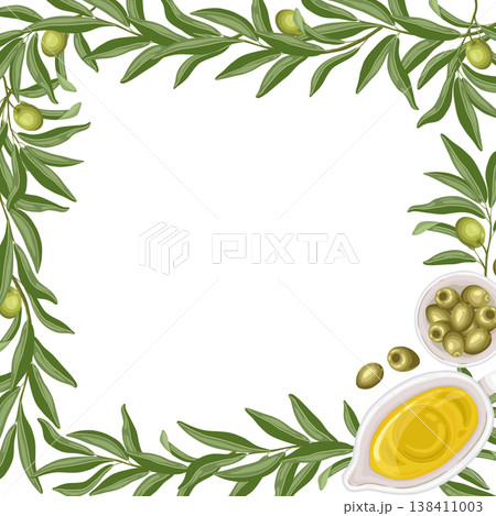 Olive oil and leaf with fruit square card background. Top view vector hand drawn illustration for cafe menu and restaurant template. Italian food cartoon drawing for product packaging design. Olive oil and leaf with fruit square card background. Top view vector hand drawn illustration for cafe menu and restaurant template. Italian food cartoon drawing for product packaging design. 138411003