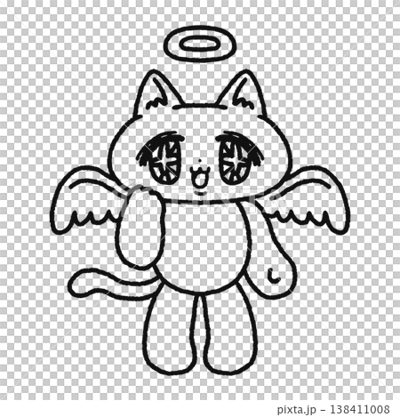 歯痛ポーズのゆめかわ天使なネコ　線画 138411008