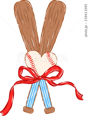 Coquette Retro Baseball Heart and Crossed Bats with Red Bow Whimsical Hand Drawn 138411095