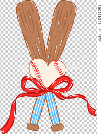 Coquette Retro Baseball Heart and Crossed Bats with Red Bow Whimsical Hand Drawn 138411095