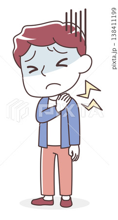 ひどい肩こりに苦しむ男性のイラスト（デスクワーク・眼精疲労・血行不良） 138411199